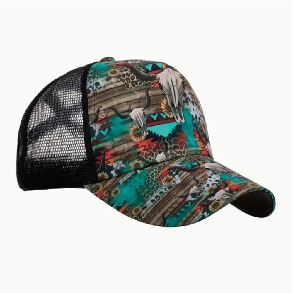NEW! Southwestern Bull Skull Women's Trucker Hat Ball Cap Longhorn Cow Aztec